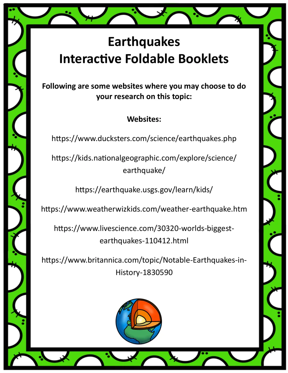 Research page for the earthquake booklets lists Ducksters, National Geographic Kids, USGS, and three more sites