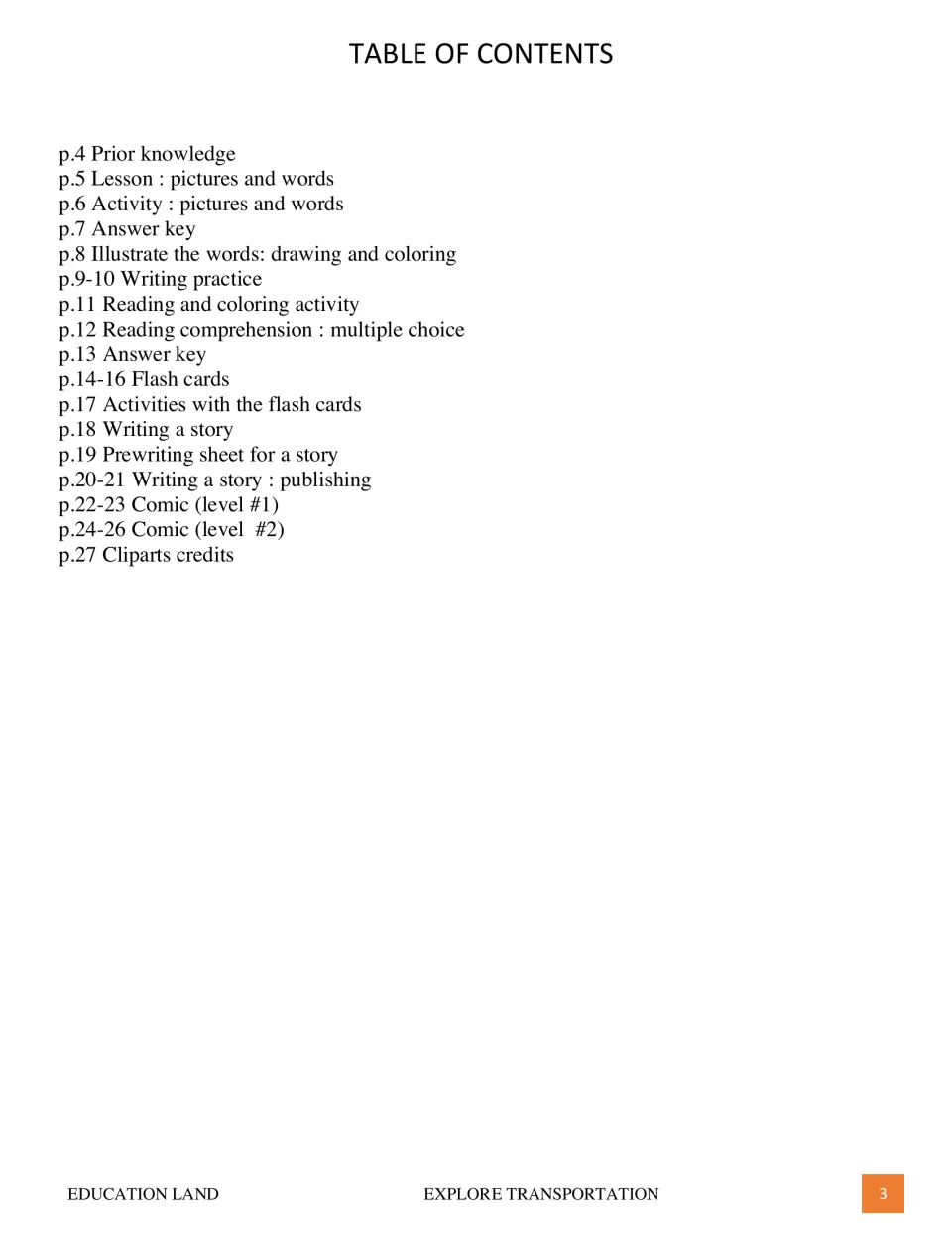 Table of contents lists transportation vocabulary, reading, flashcards, story writing, and comics on pages 4–27