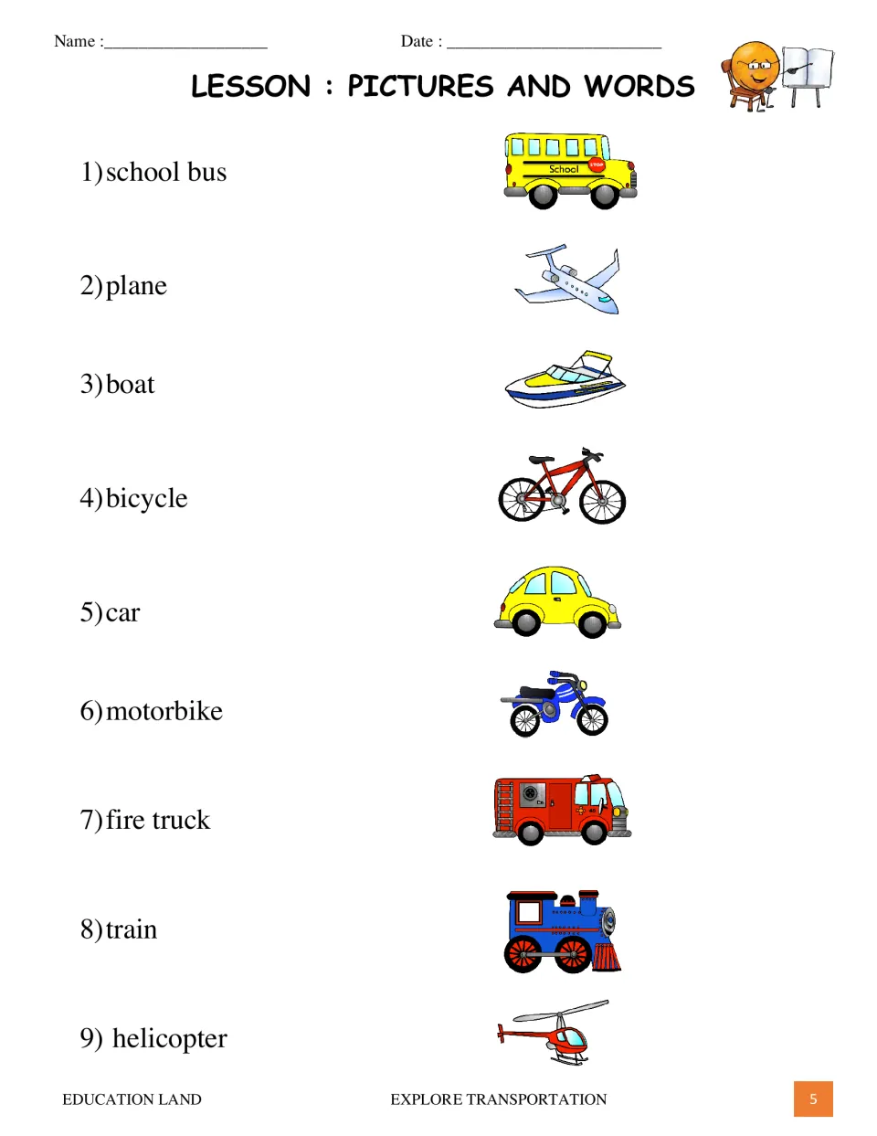 Transportation vocabulary lesson pairs nine pictures with words, including school bus, plane, boat, and bicycle