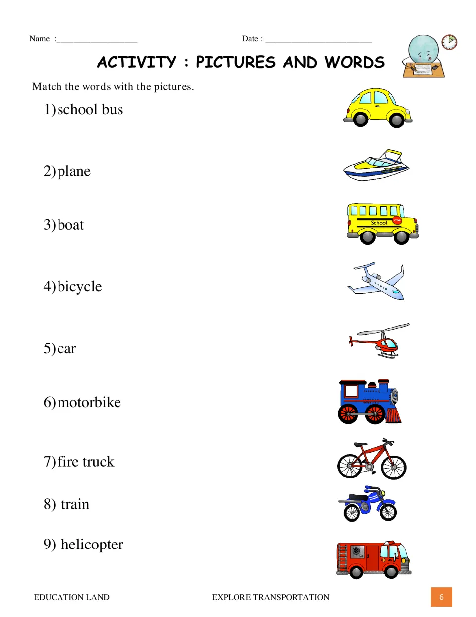 Transportation matching activity asks students to connect nine vehicle words, including car and train, to pictures