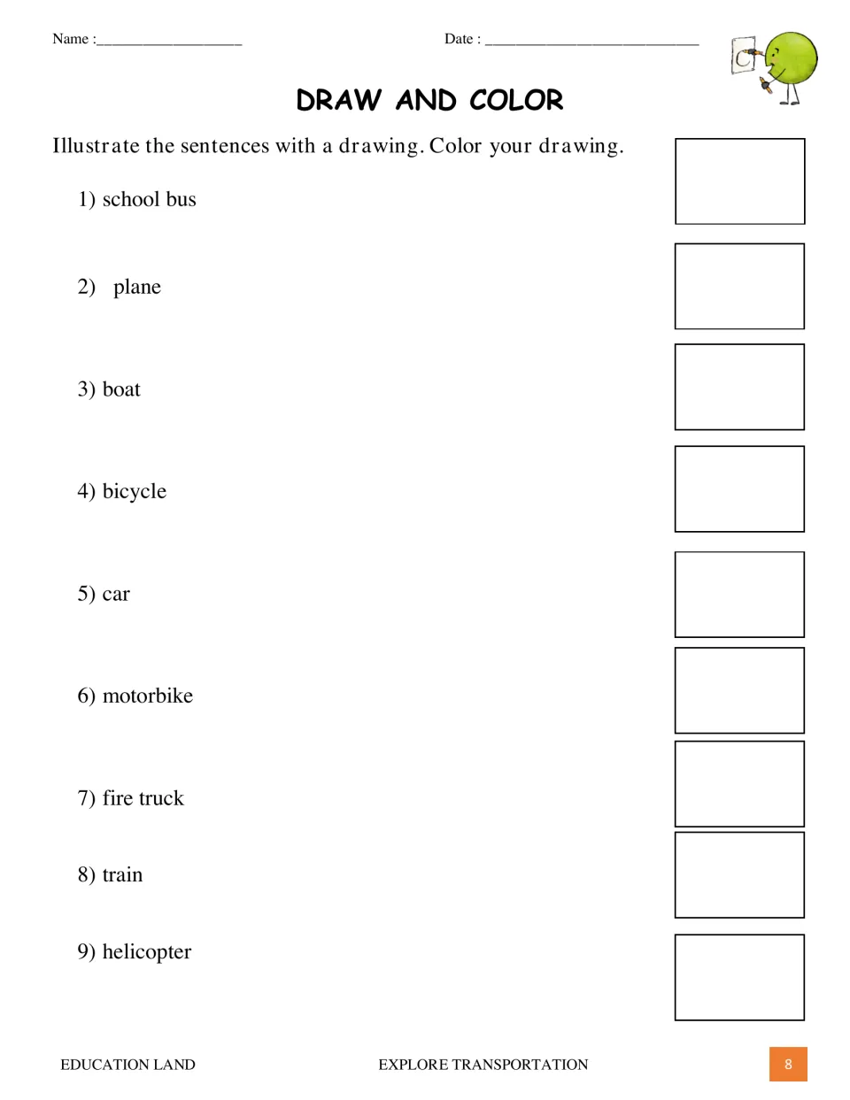 Draw and color activity asks students to illustrate nine vehicle words, including school bus, plane, and boat