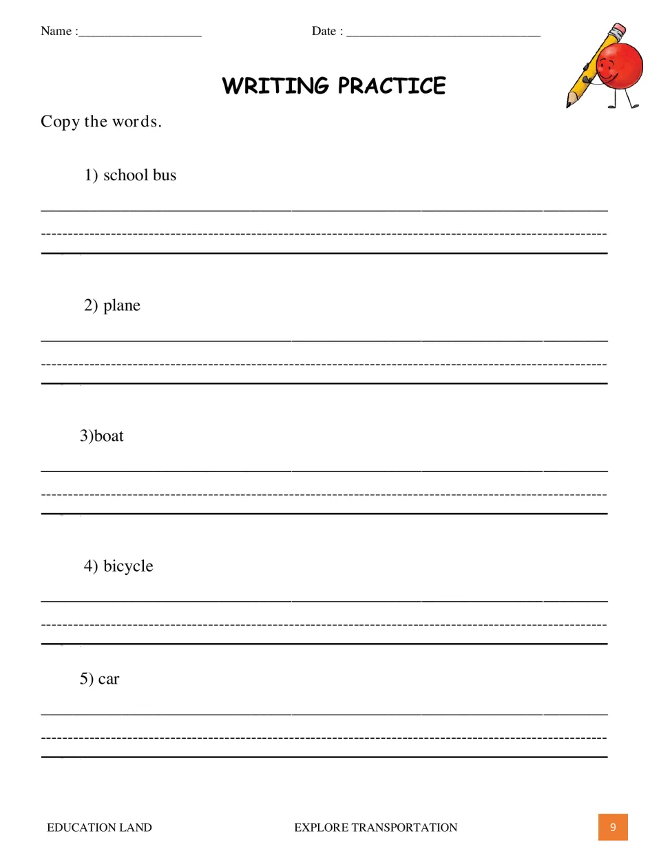 First transportation writing practice page asks students to copy school bus, plane, boat, bicycle, and car