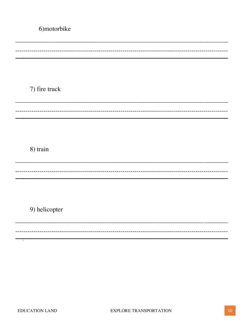 Second transportation writing practice page continues copying with motorbike, fire truck, train, and helicopter