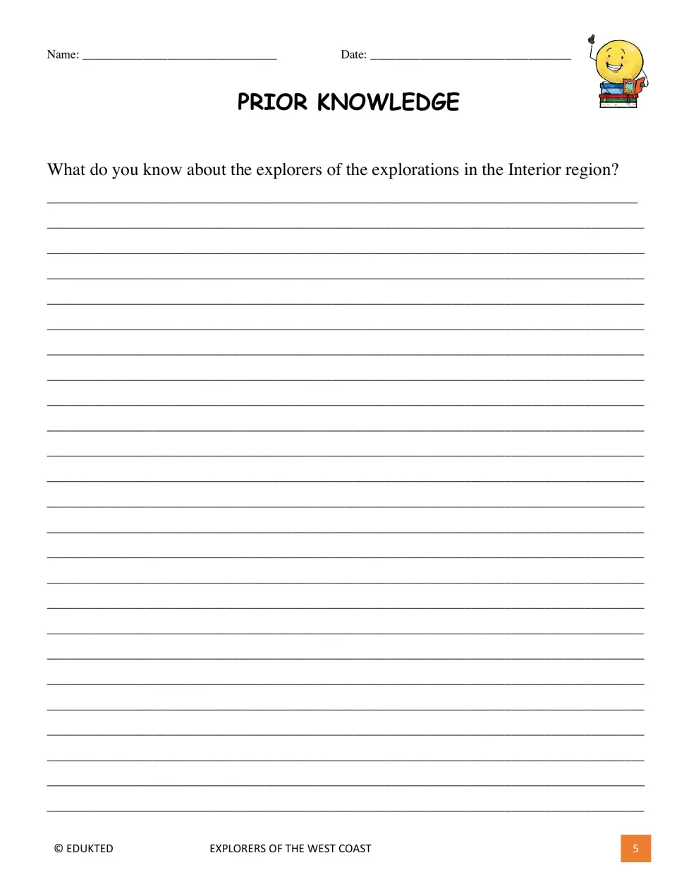 Prior knowledge activity asks students what they know about explorers and explorations in the Interior region