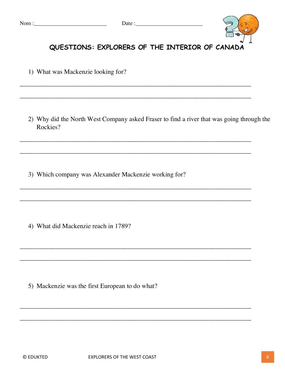 Comprehension questions 1–5 ask about Mackenzie's goal, employer, Arctic arrival, Rockies crossing, and Fraser's task