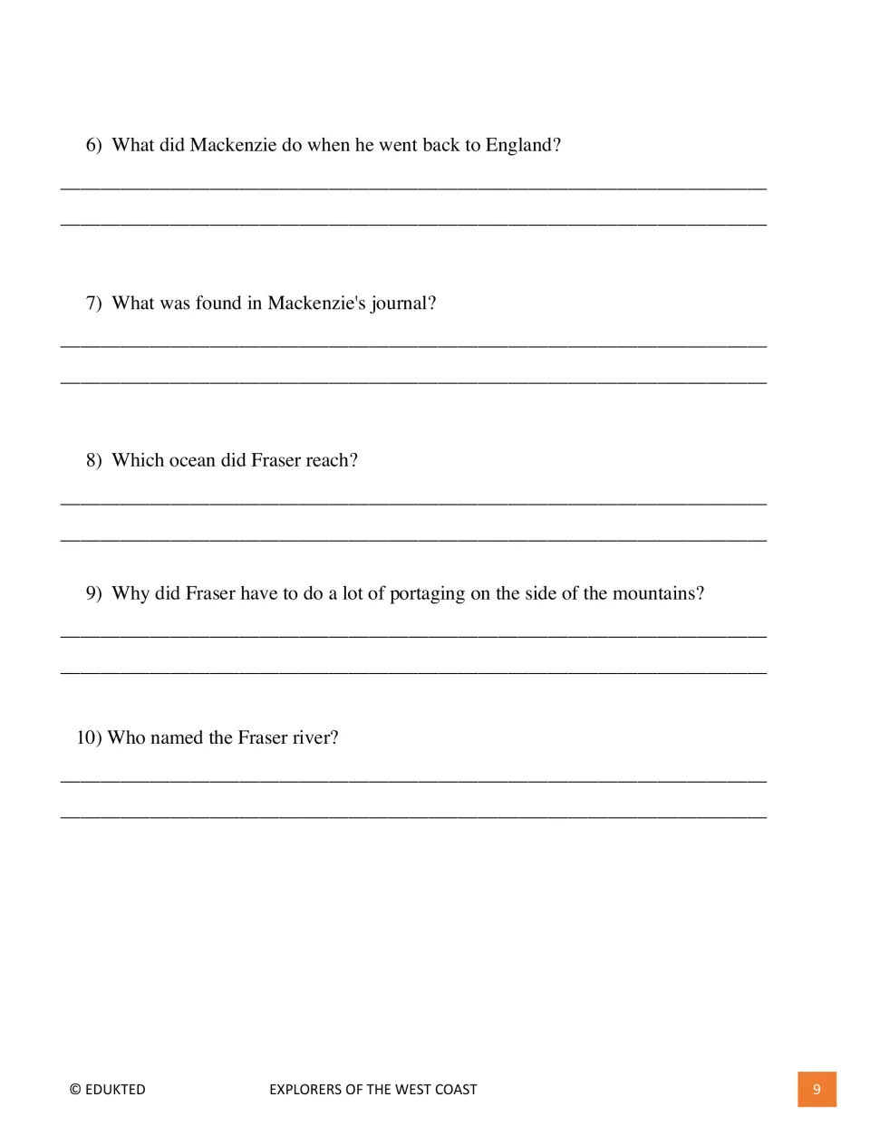 Comprehension questions 6–10 cover Mackenzie's journal, Fraser's ocean destination, portaging, and river naming