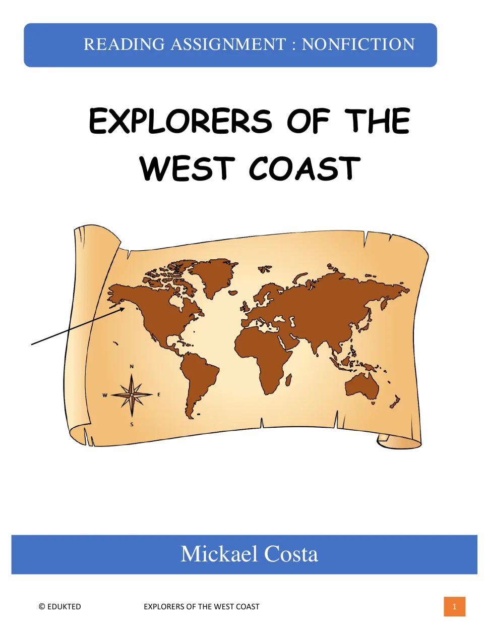 Nonfiction reading packet cover titled 'Explorers of the West Coast,' by Mickael Costa, with a world map
