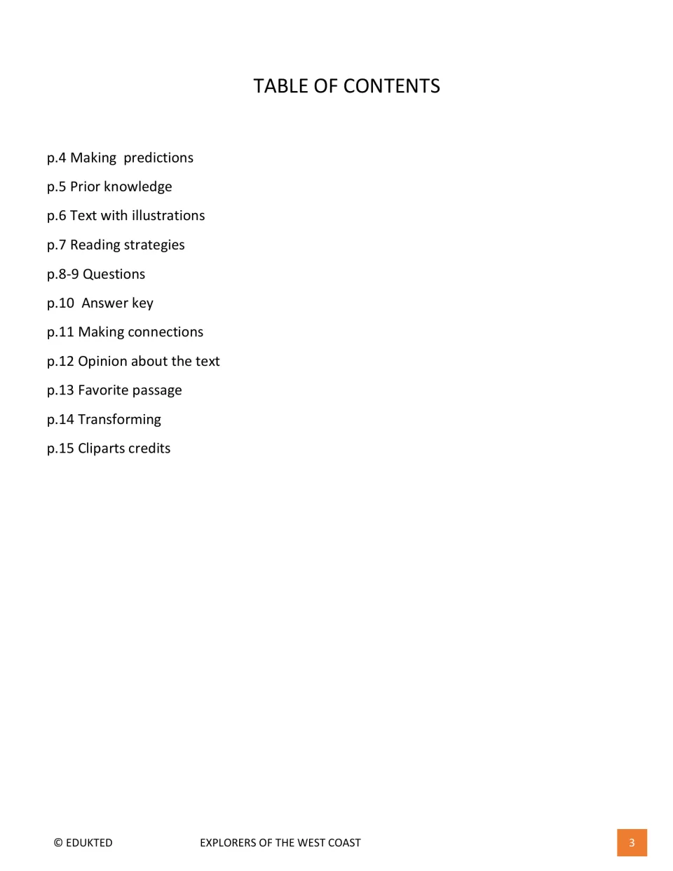 Reading packet contents list predictions, prior knowledge, illustrated text, questions, and response activities