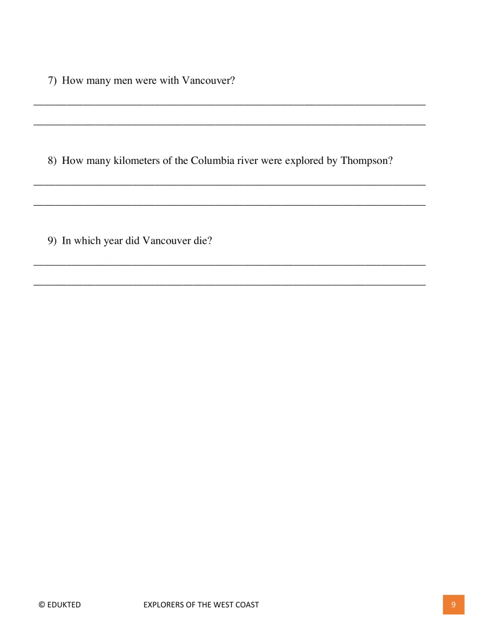 Comprehension questions 7–9 ask about Vancouver's men, Thompson's Columbia River distance, and Vancouver's death
