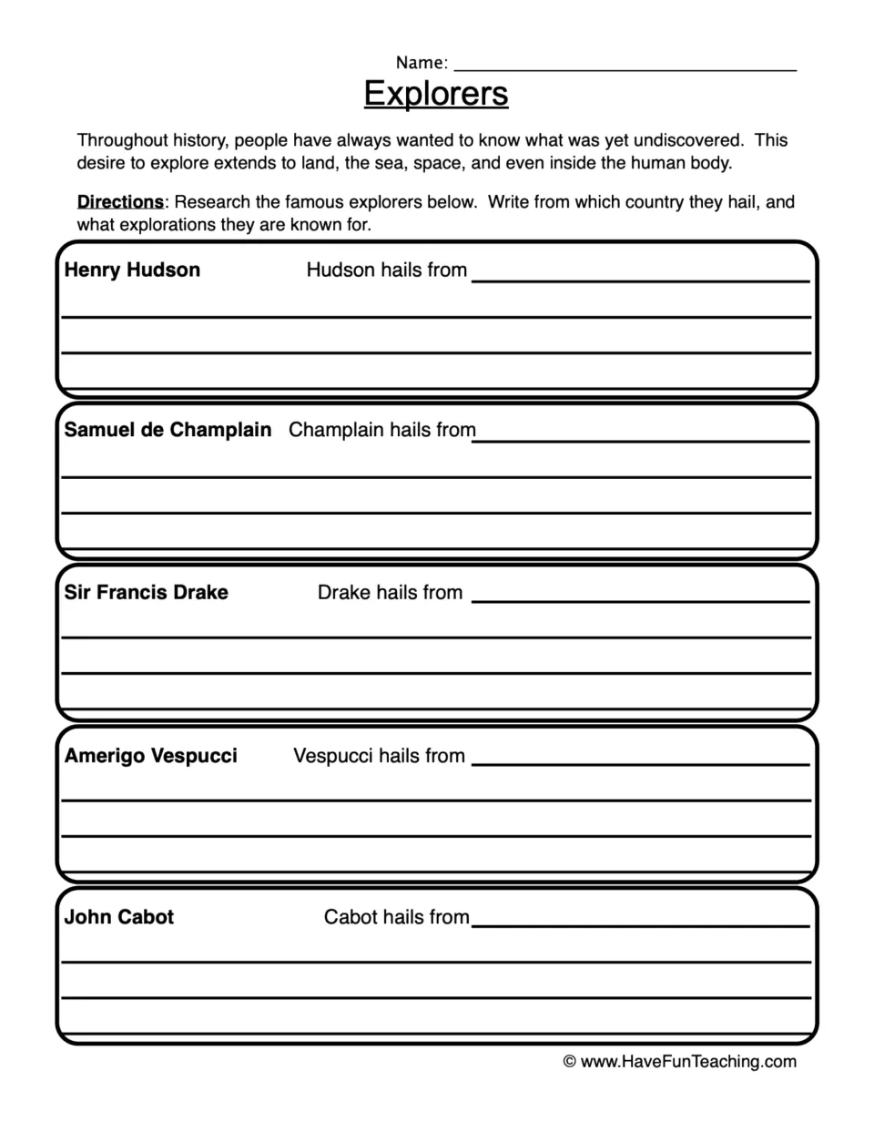 Explorer research worksheet: Henry Hudson, Samuel de Champlain, Sir Francis Drake, Amerigo Vespucci, and John Cabot