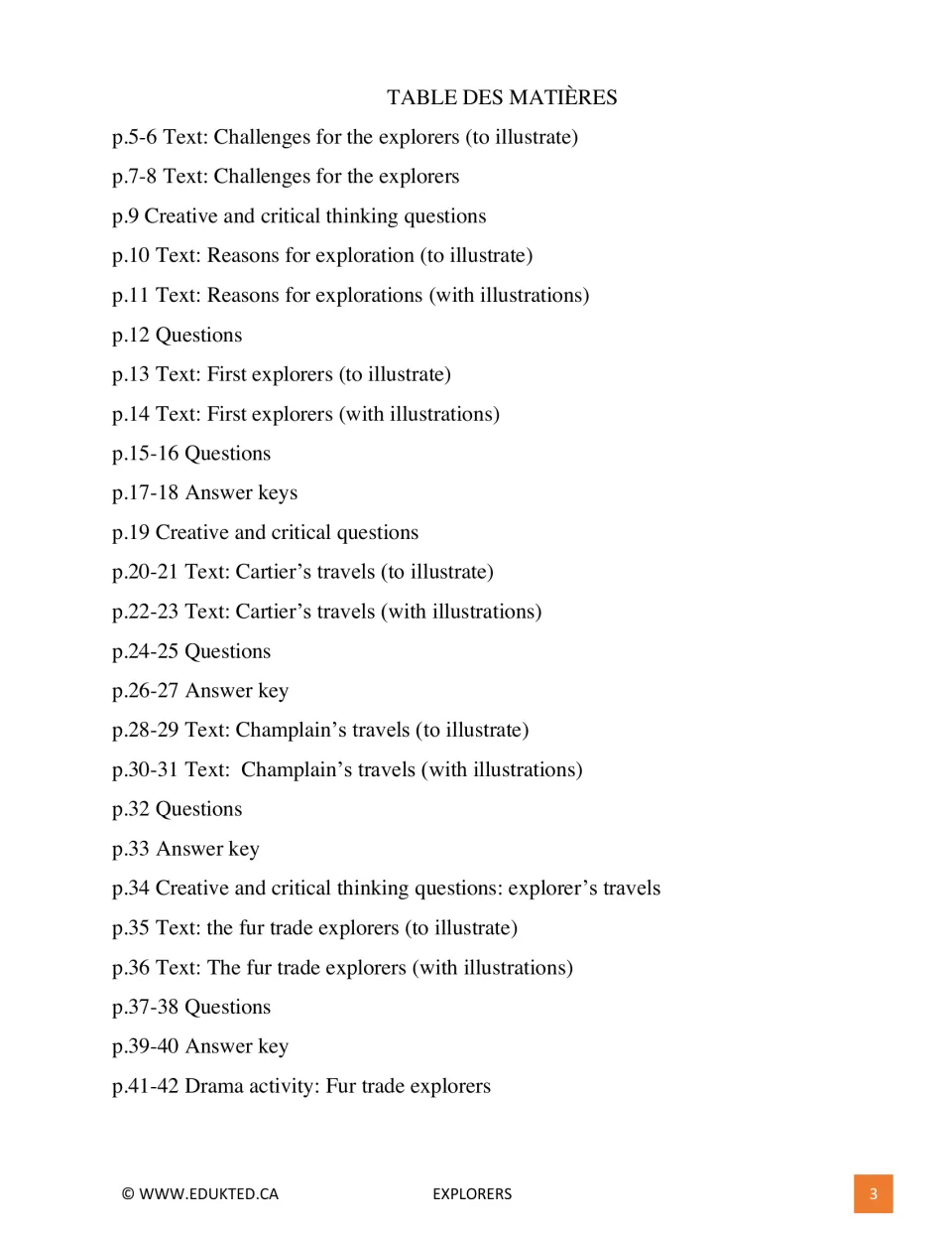 Contents for pages 5–42: explorer challenges, reasons for exploration, Cartier, Champlain, and the fur trade