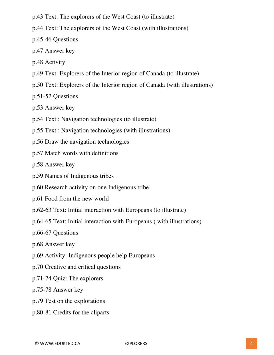 Contents for pages 43–81: western exploration, navigation, Indigenous peoples, quizzes, and answer keys