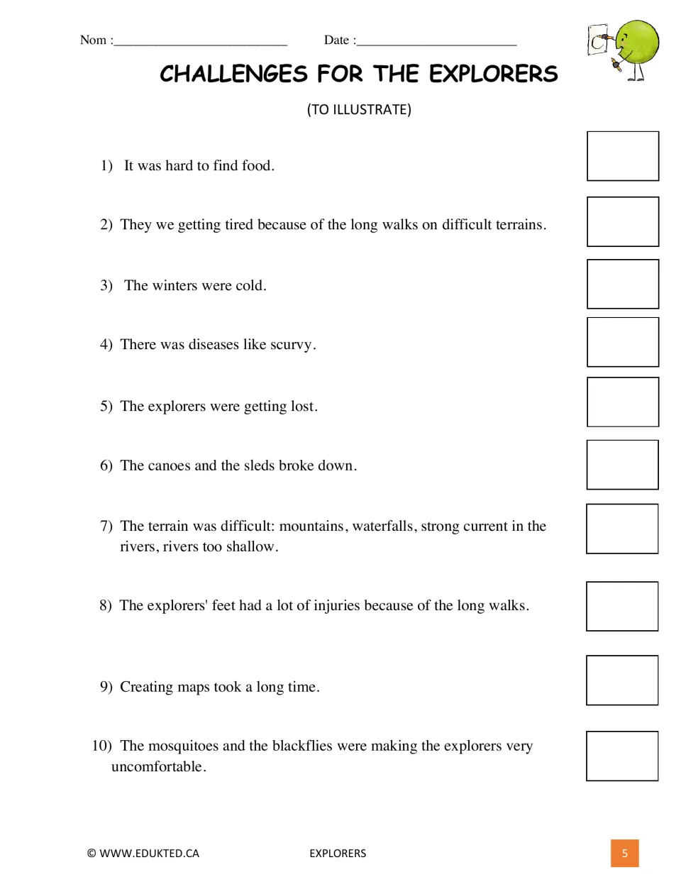 Explorer challenges 1–10 for students to illustrate, including food shortages, cold, scurvy, and getting lost