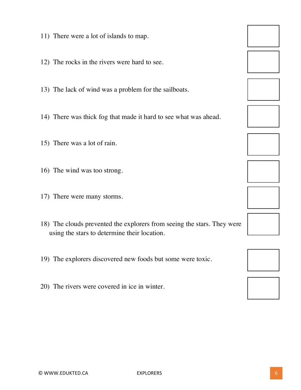 Explorer challenges 11–20 for students to illustrate, including hidden rocks, fog, storms, and frozen rivers
