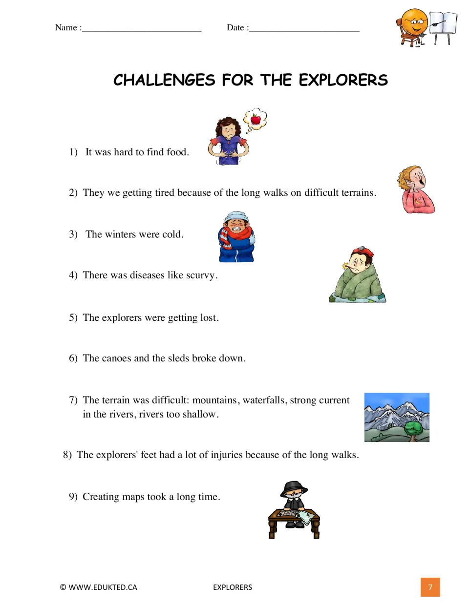 Illustrated reading on explorer challenges 1–9, including hunger, fatigue, cold, illness, and mapmaking