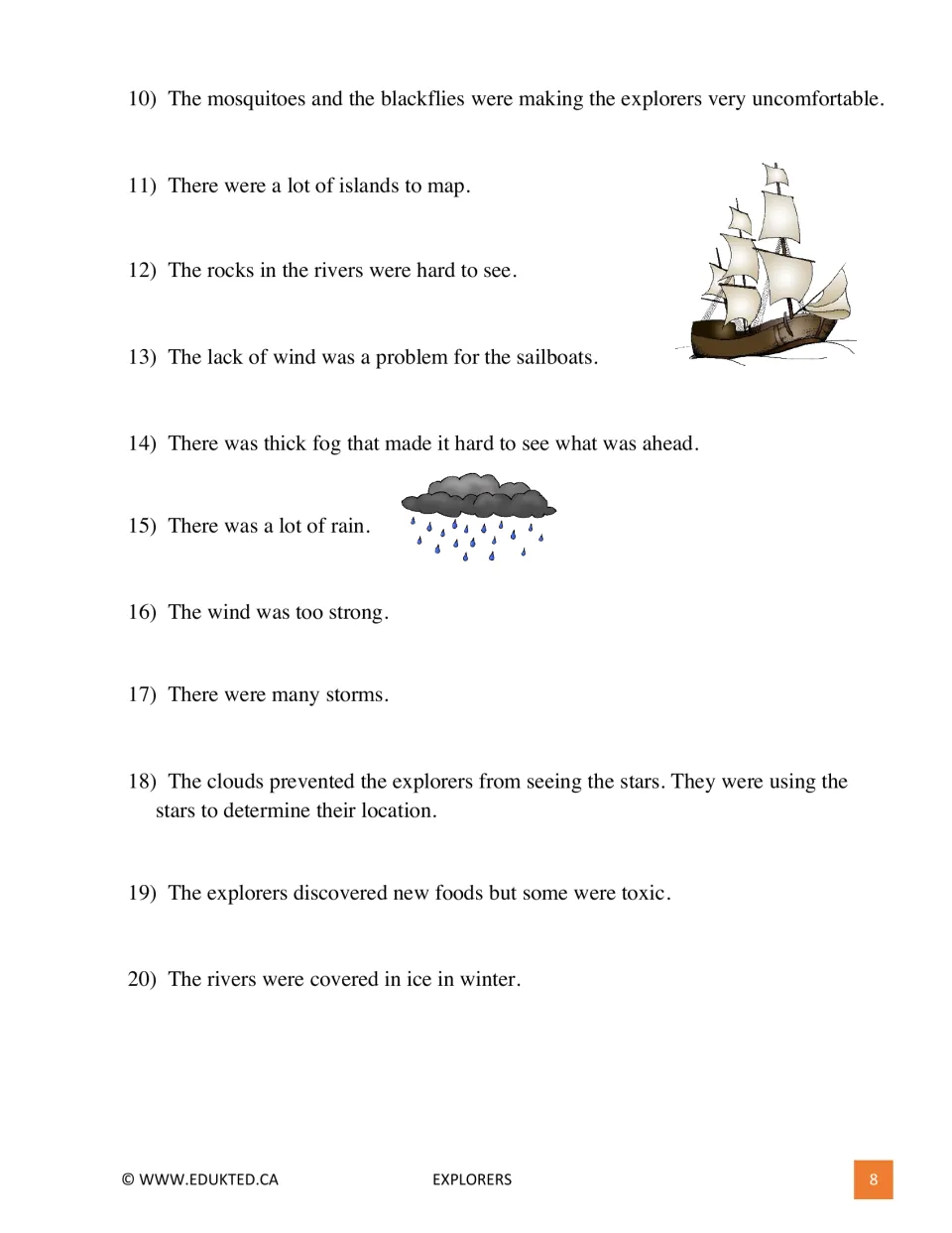 Illustrated reading on explorer challenges 10–20, including insects, sailing weather, and star navigation