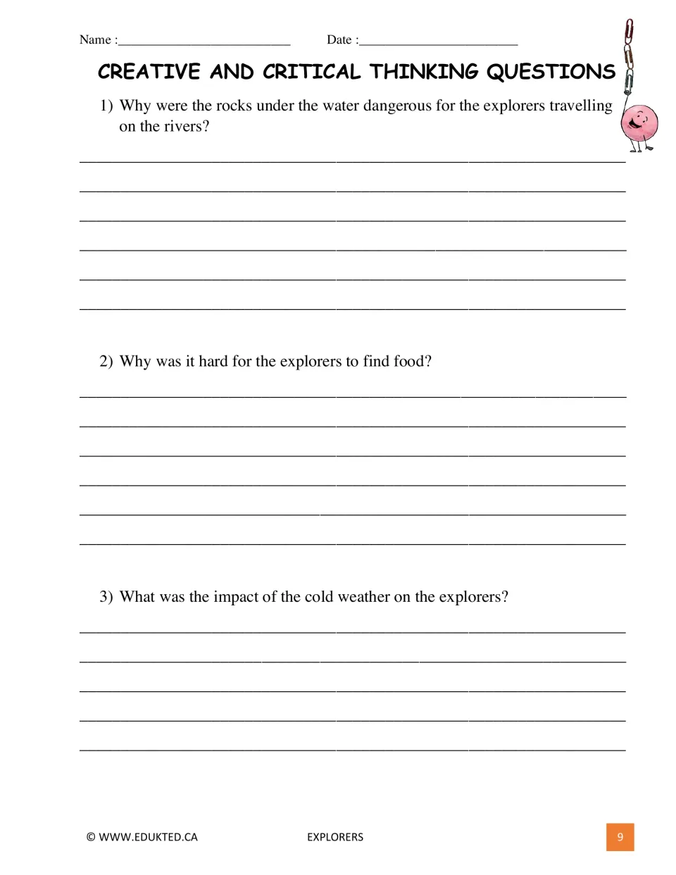 Three critical thinking questions about underwater rocks, finding food, and cold weather during exploration