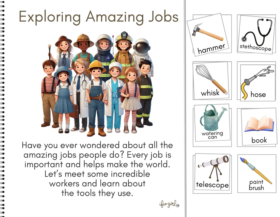 Exploring Amazing Jobs cover and eight tool cards: hammer, stethoscope, whisk, hose, and four more