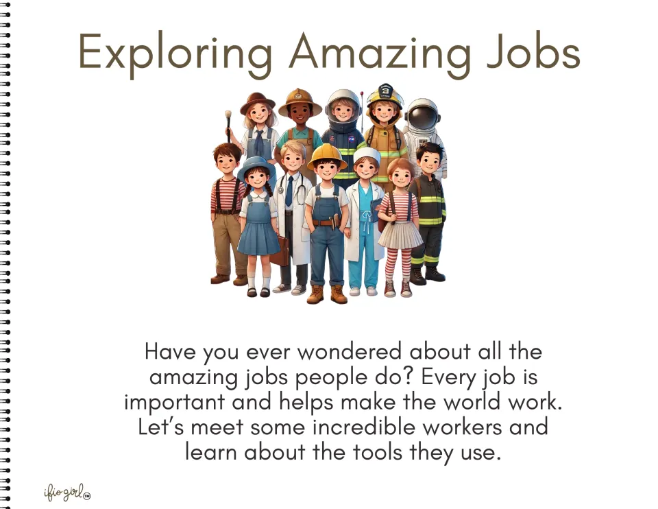 Career book cover introduces workers and invites children to learn about the jobs they do and tools they use