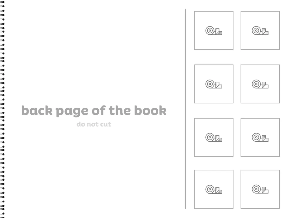Interactive career book back page labeled 'back page of the book' and 'do not cut,' with eight tape symbols