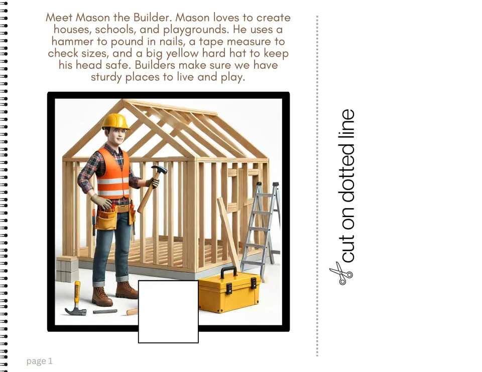 Career book page 1 introduces Mason the Builder and explains his use of a hammer, tape measure, and hard hat