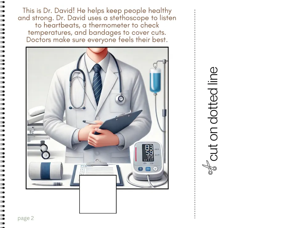 Career book page 2 introduces Dr. David and describes using a stethoscope, thermometer, and bandages