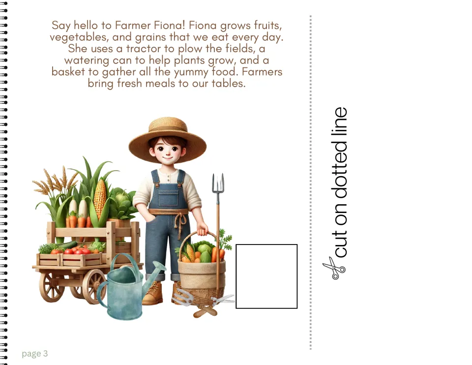 Career book page 3 introduces Farmer Fiona, who grows food using a tractor, watering can, and basket