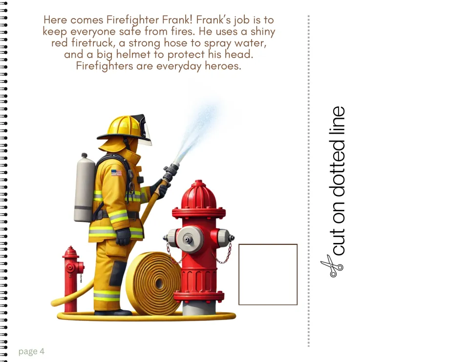Career book page 4 introduces Firefighter Frank and describes his fire truck, water hose, and helmet