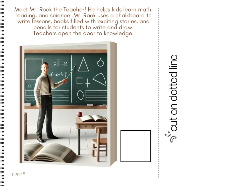 Career book page 5 introduces Mr. Rock the Teacher, who uses a chalkboard, books, and pencils to teach