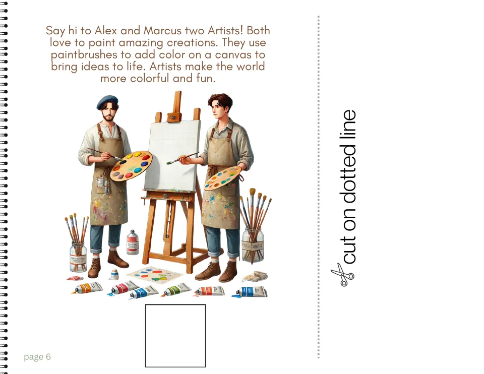 Career book page 6 introduces artists Alex and Marcus, who use paintbrushes to add color to a canvas