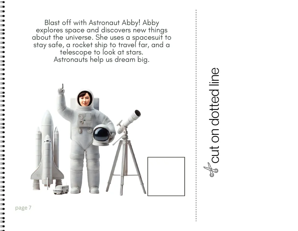 Career book page 7 introduces Astronaut Abby and describes her spacesuit, rocket ship, and telescope