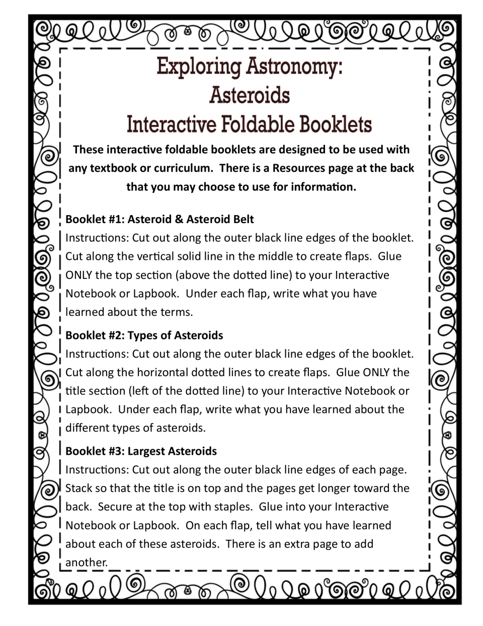 Assembly directions for booklets 1 to 3: cutting and gluing flaps on asteroid belt, asteroid types and largest asteroids