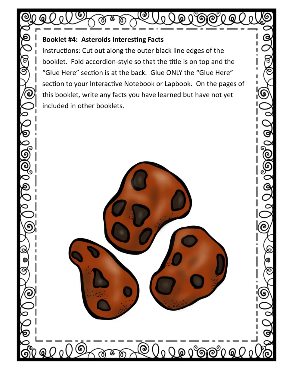 Booklet 4 directions: students fold an accordion booklet on asteroid facts and write facts not used in the other booklets