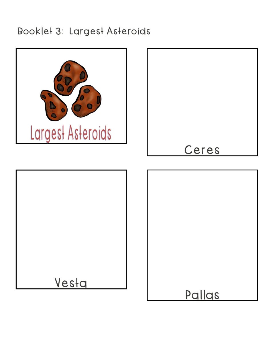 Largest asteroids layered booklet cut-out pieces: title page with asteroid art plus pages for Ceres, Vesta and Pallas