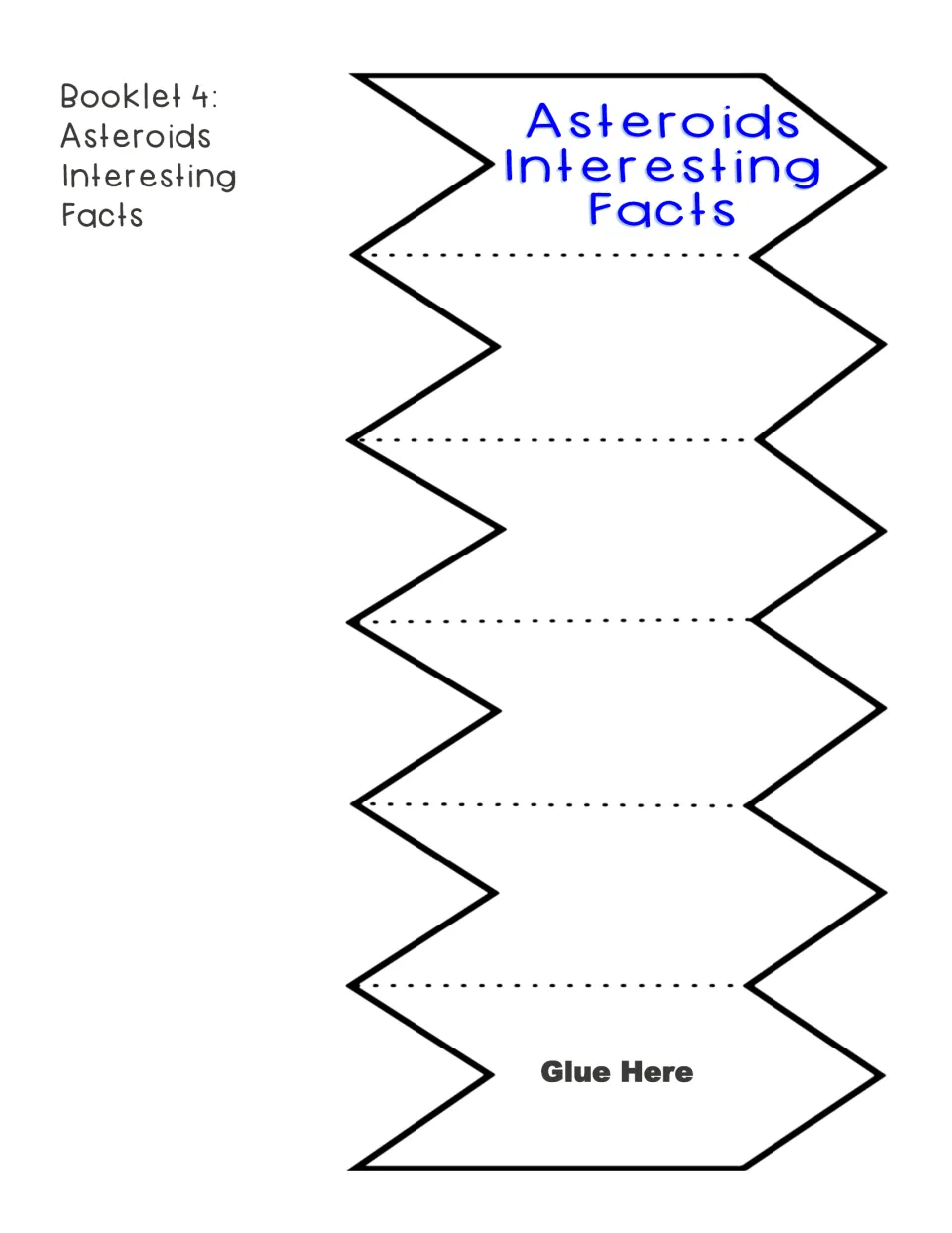 Asteroids interesting facts accordion booklet: students write a fact on each zigzag panel and glue the Glue Here end down