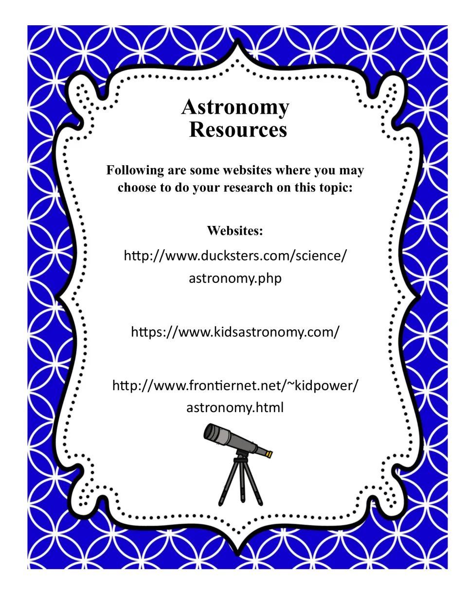 Astronomy resources list: three websites, including Ducksters and Kids Astronomy, for students to research asteroids