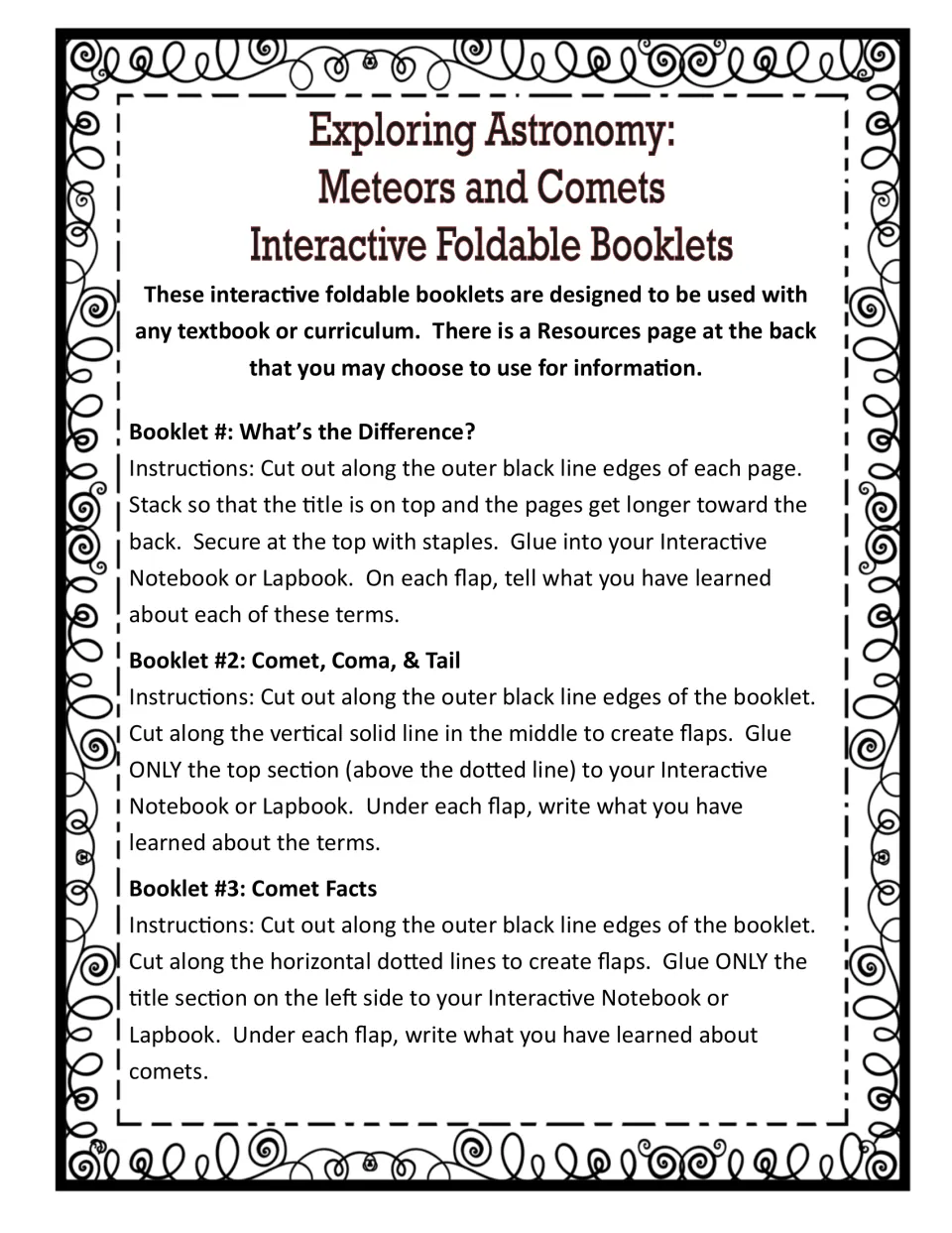 Assembly steps for three meteor and comet booklets: cut, stack or slit flaps, glue in, and write what was learned on each
