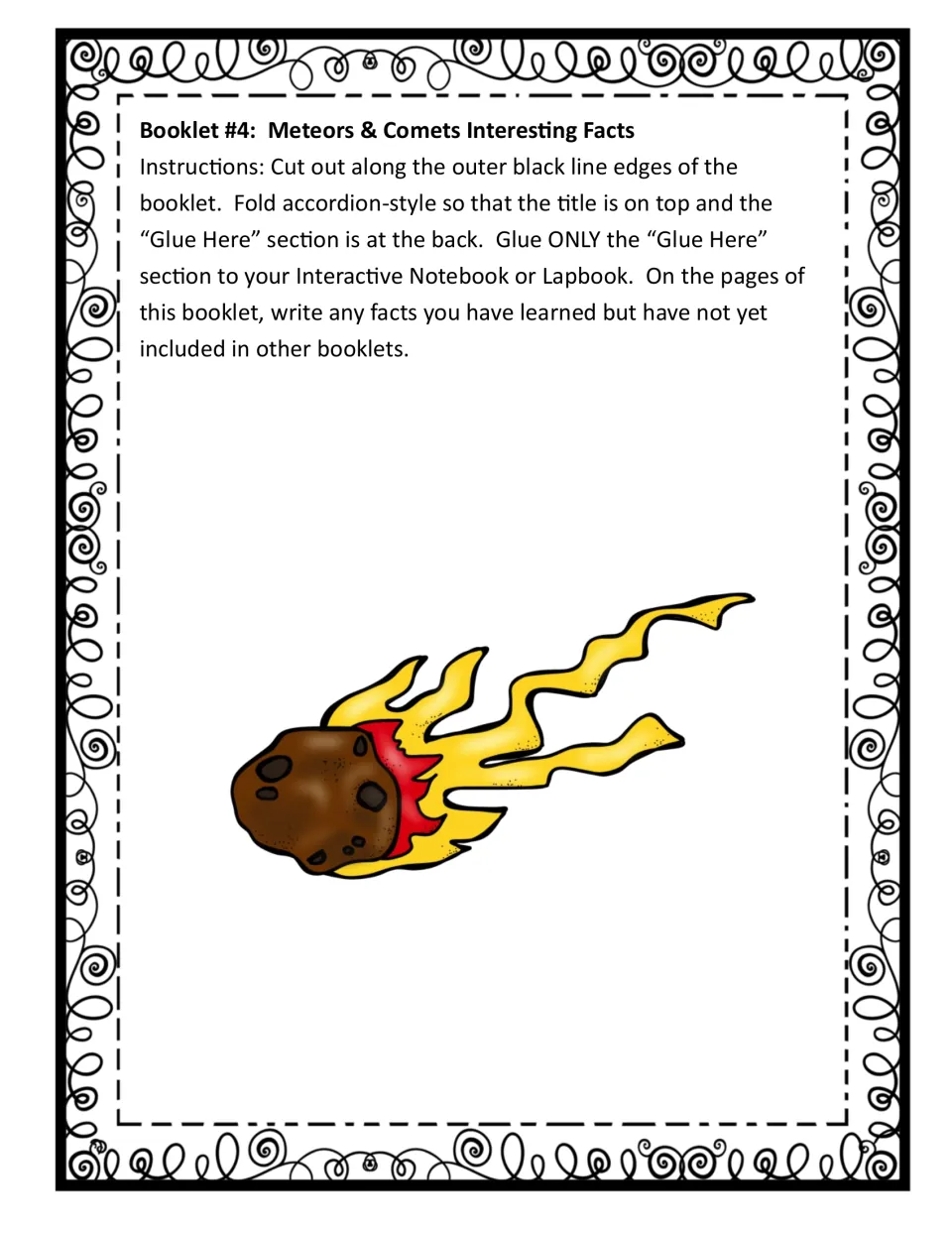 Booklet 4 steps: students cut out and accordion-fold the Meteors & Comets Interesting Facts booklet, then add new facts