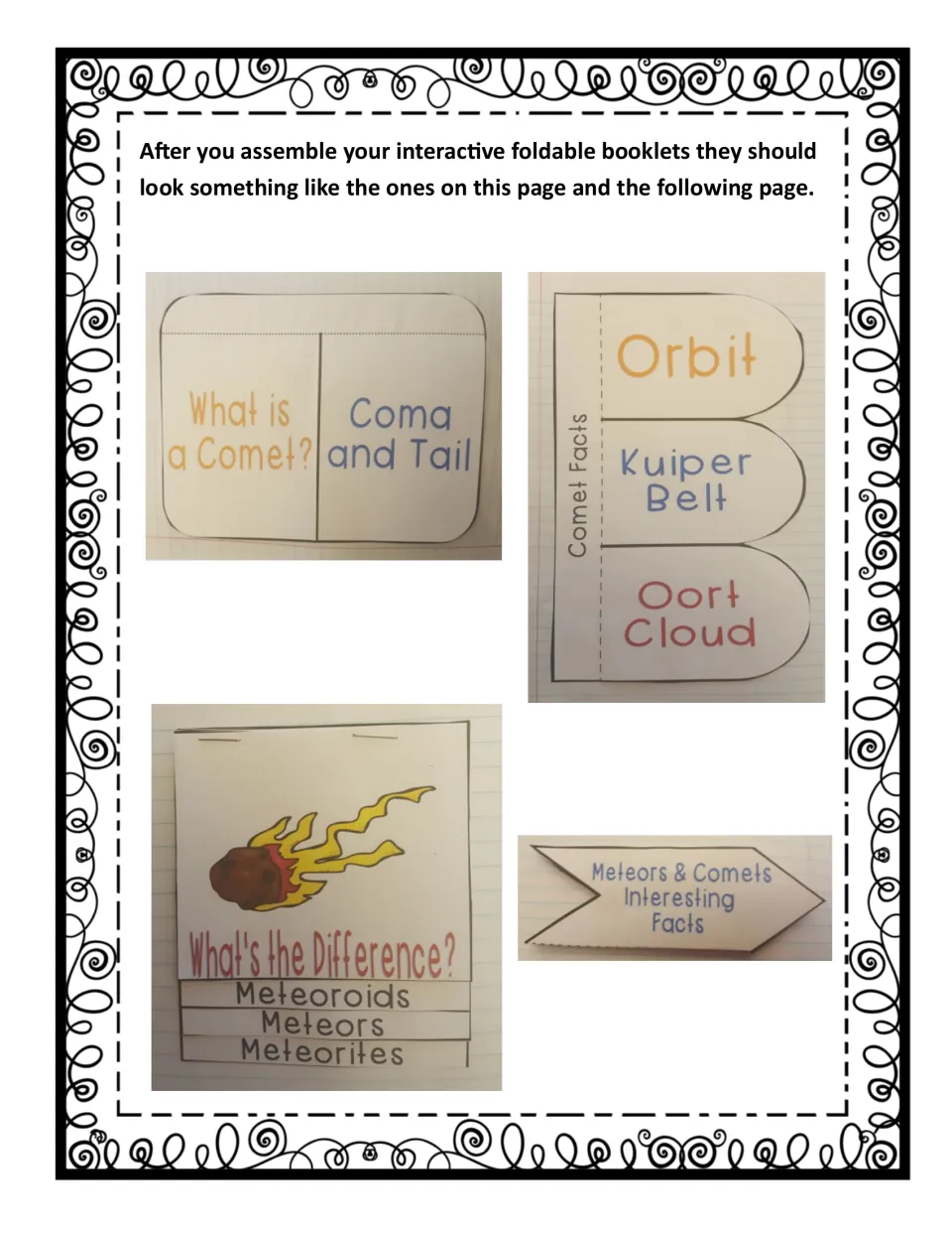 Assembled booklet examples in a notebook: What's the Difference?, What is a Comet?, Comet Facts and Interesting Facts