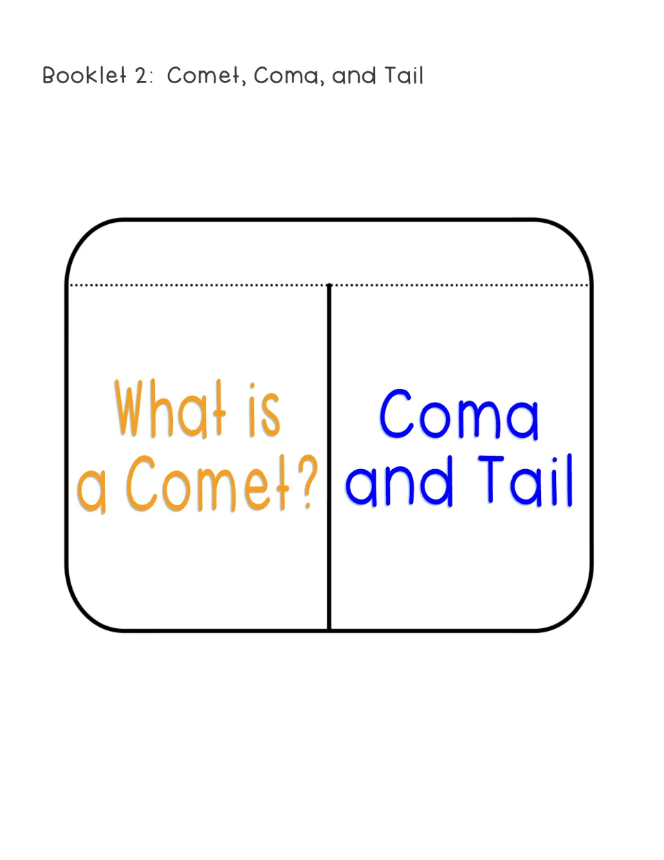 Booklet 2 cut-out: two flaps titled What is a Comet? and Coma and Tail; students write definitions under each flap