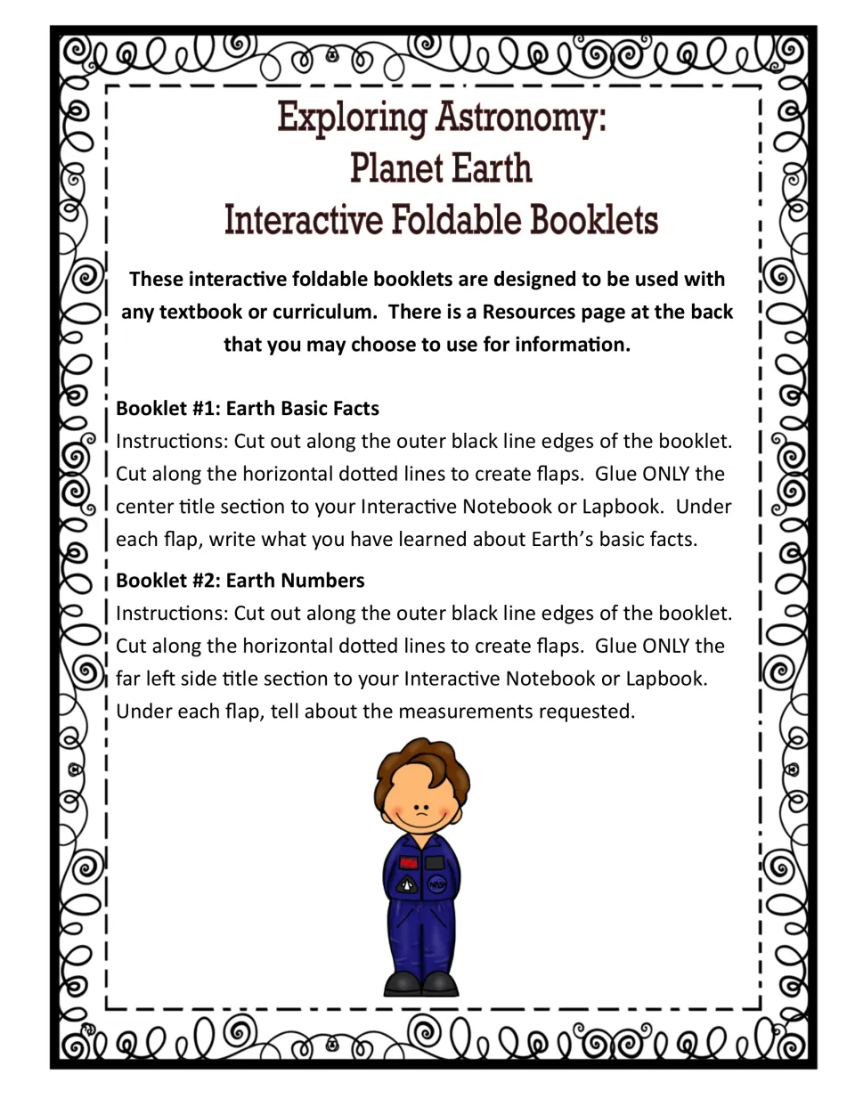 Steps for Booklet 1, Earth Basic Facts, and Booklet 2, Earth Numbers: cut flaps, glue the title strip, write under flaps