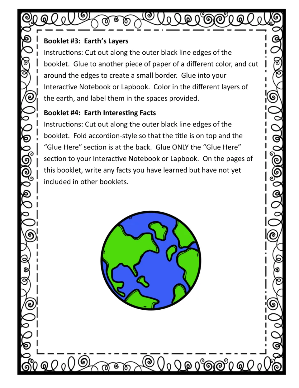 Directions for Booklet 3, Earth's Layers (color and label layers), and Booklet 4, an accordion fold for extra Earth facts