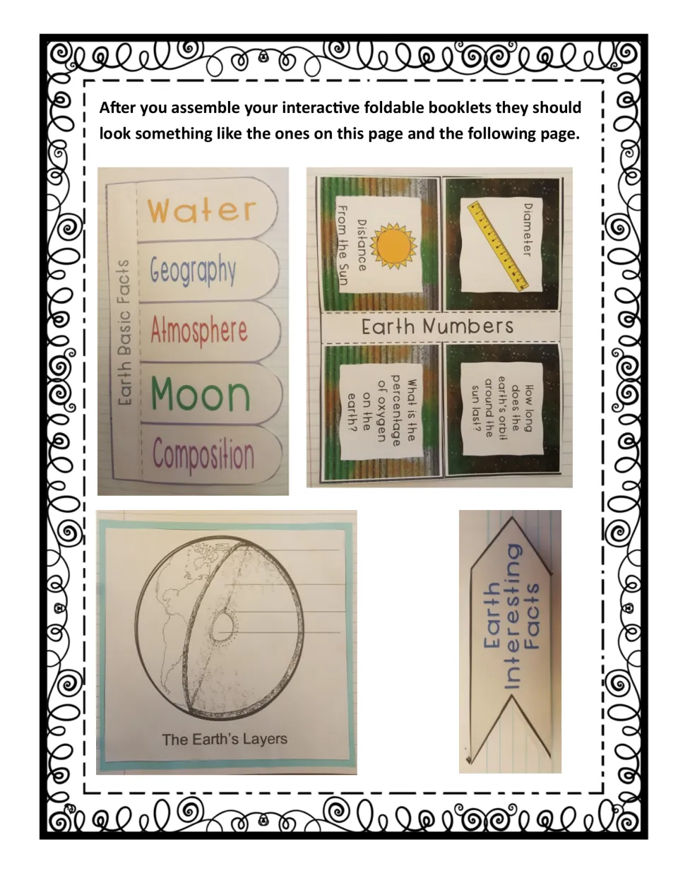 Finished examples of the four Earth booklets in a notebook: basic facts flaps, Earth Numbers, layers diagram, facts fold