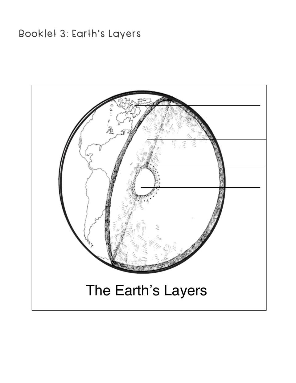 Earth's layers cutaway diagram: students color each of the four layers of the globe and label them by name
