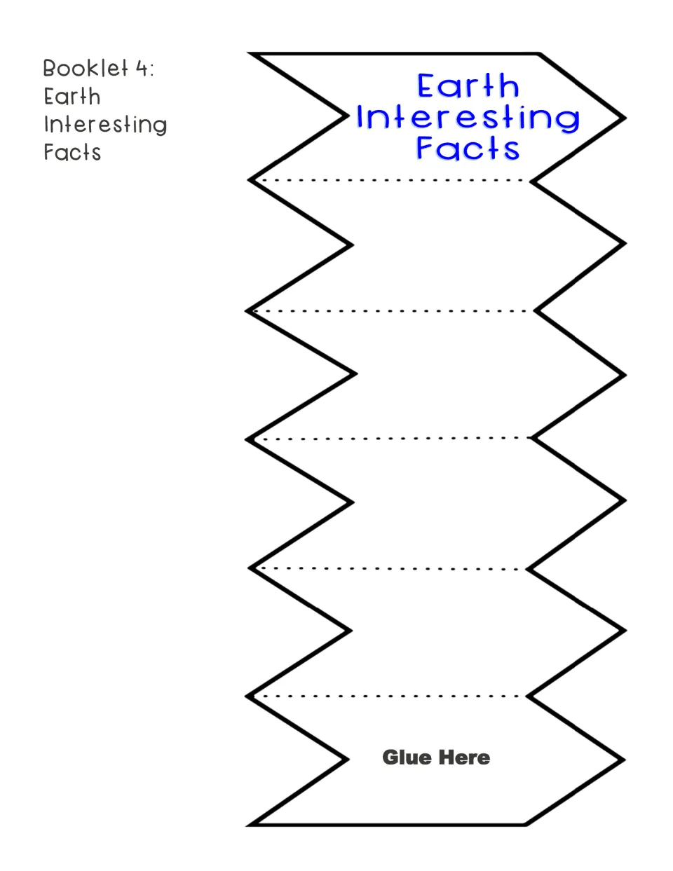 Earth Interesting Facts accordion booklet: students write extra facts on four zigzag panels, then fold and glue it in