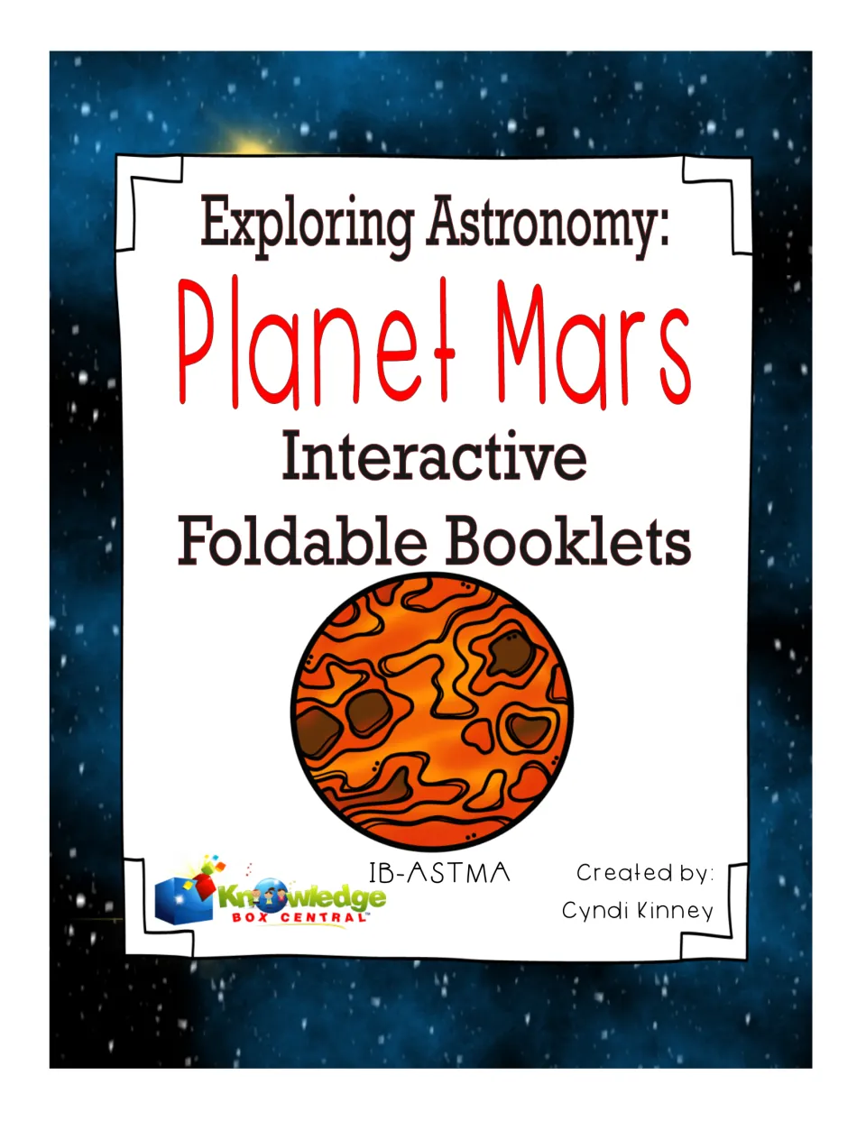 Cover of Exploring Astronomy: Planet Mars Interactive Foldable Booklets, with a red-orange Mars drawing on a starry sky