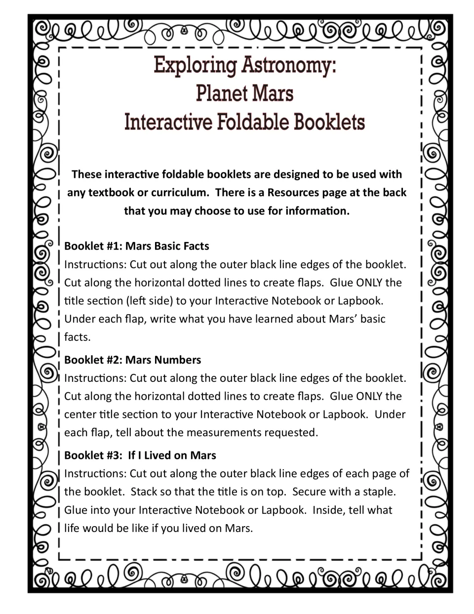 Assembly directions for booklets 1-3: Mars Basic Facts flaps, Mars Numbers flaps and a stapled If I Lived on Mars booklet