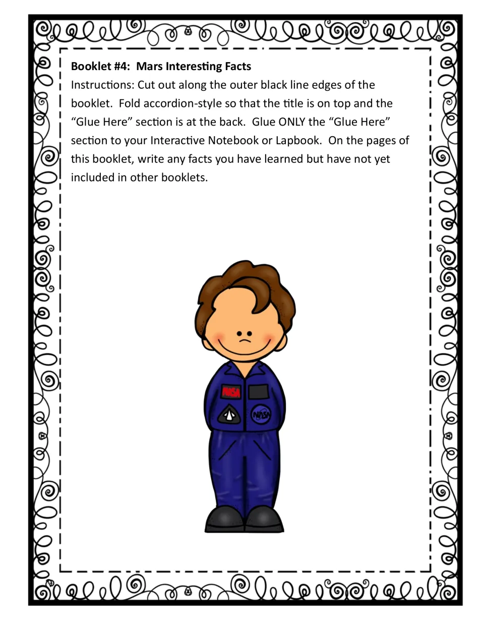Directions for booklet 4, Mars Interesting Facts: fold accordion-style, glue the back section and add new facts