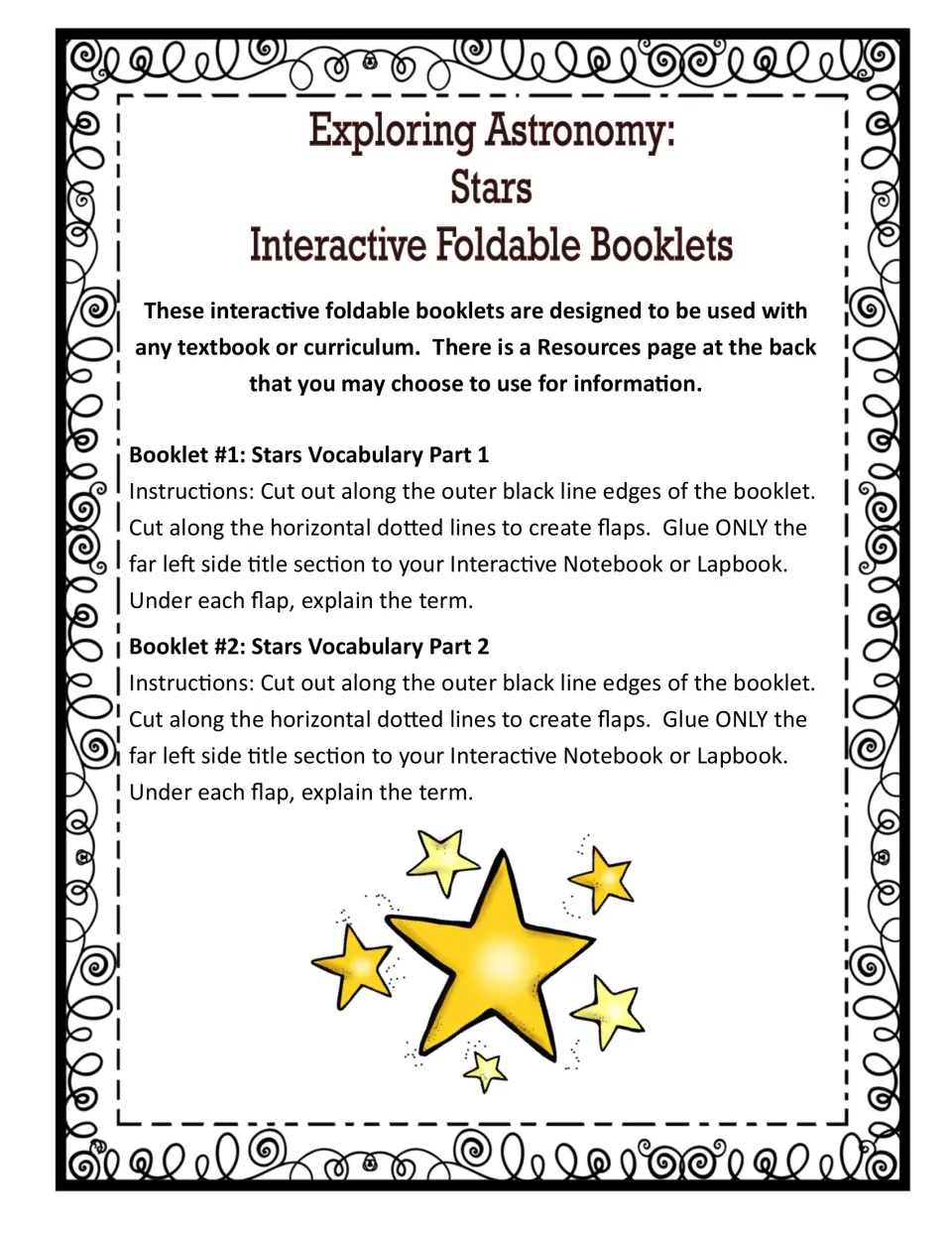 Stars booklet instructions: cut, flap and glue Stars Vocabulary Parts 1 and 2, then explain each term under its flap