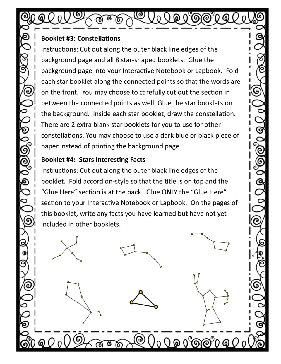 Constellations and star facts directions: glue 8 star booklets on a sky background, draw each constellation, add facts